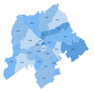 Charlotte North Carolina ZIP Code Map, Labeled Editable Boundaries