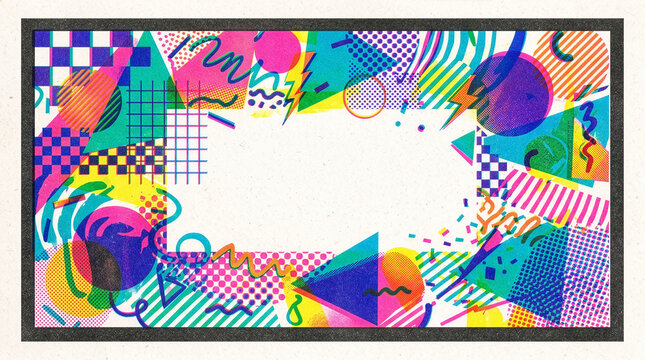 Marco con fondo gr&aacute;fico abstracto con concepto y color de los a&ntilde;os 80 y 90 con espacio para texto.
