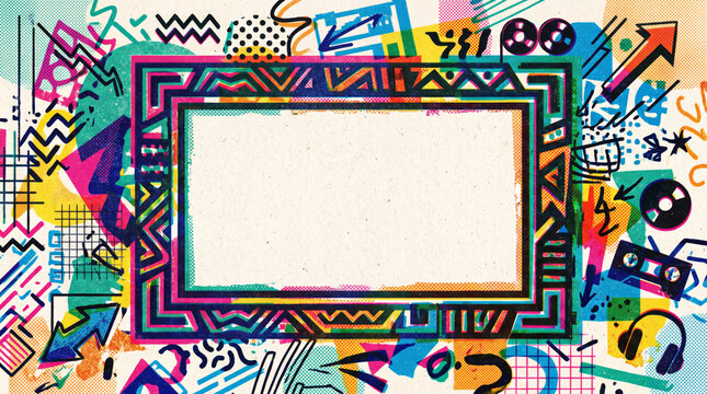 Marco con fondo gr&aacute;fico abstracto con concepto y color de los a&ntilde;os 80 y 90 con espacio para texto.
