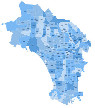 Los Angeles California ZIP Code Map, Labeled Editable Boundaries