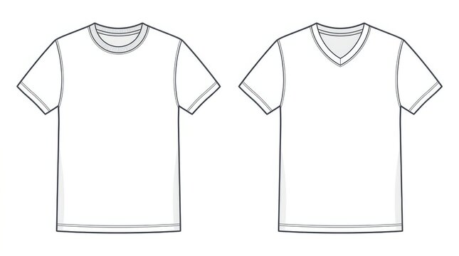 Plain short sleeve t-shirt with v neck front and back view vector illustration isolated on white background