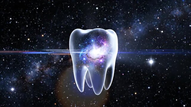 Transparent glass molar tooth housing rotating spiral galaxy with luminous horizontal lens flare in space