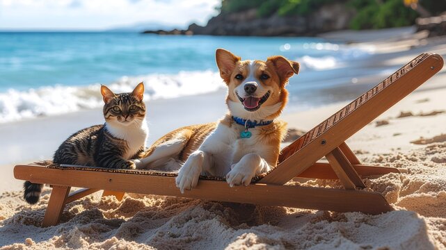 Happy dog and cute tabby cat relaxing together on a wooden lounge chair at a beautiful tropical beach, with turquoise ocean waves and white sand in the background