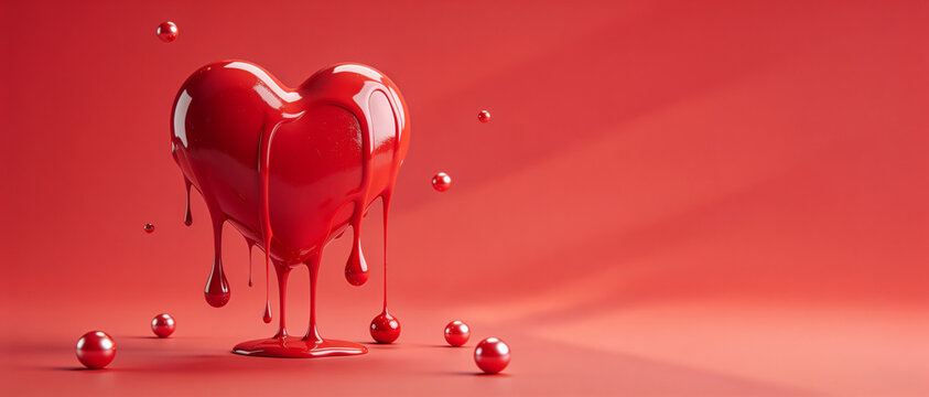 Dripping red heart with a glossy finish on a vibrant background