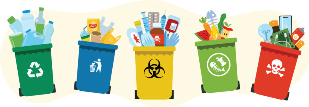 Five recycle bins overflowing with sorted trash types flat vector.