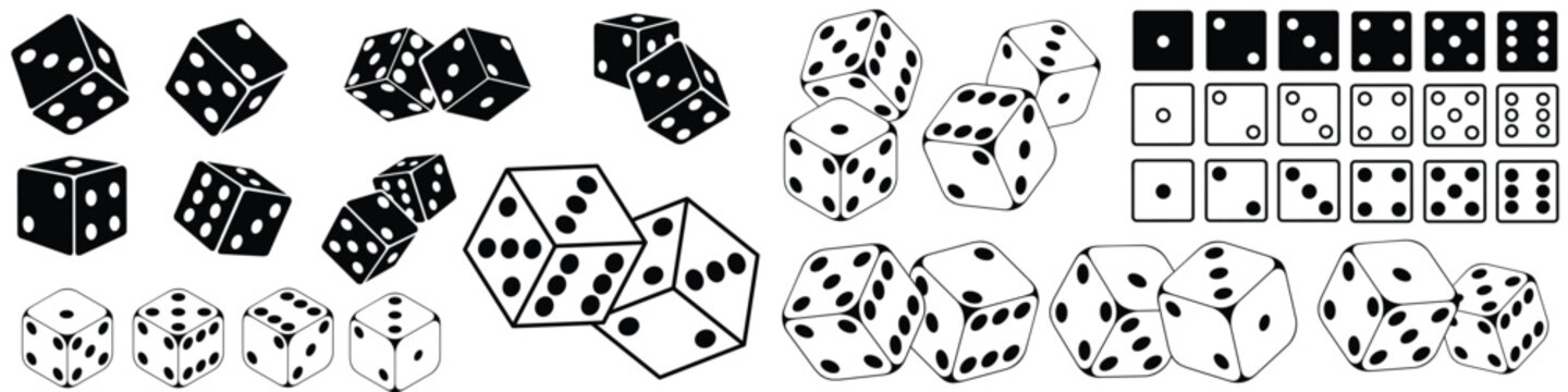Black and white dice collection vector illustration for game design casino graphics and educational resources