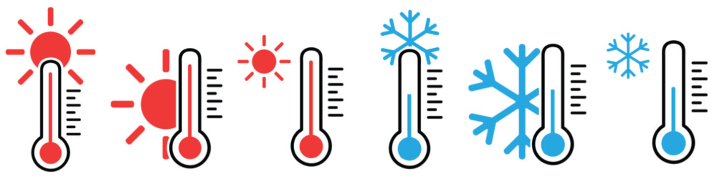 Temperature progression icons illustrating heat to cold with thermometer and weather symbols