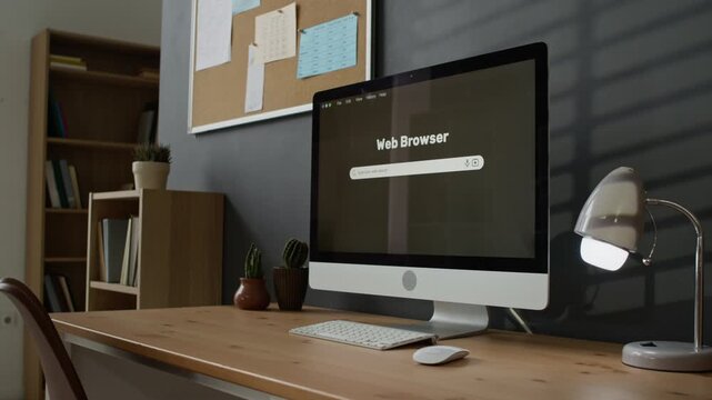 Computer monitor displaying web browser search bar typing query about helping migrant students. Concept useful for educational programs, social integration campaigns, and online research
