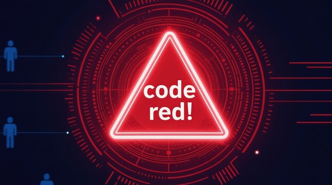 Digital screen shows red triangle alert with text code red. Futuristic interface shows data connection lines to human icons. Cyber crisis warning system active.