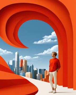 Man in orange sweater exploring surreal paper architecture framing a modern city skyline