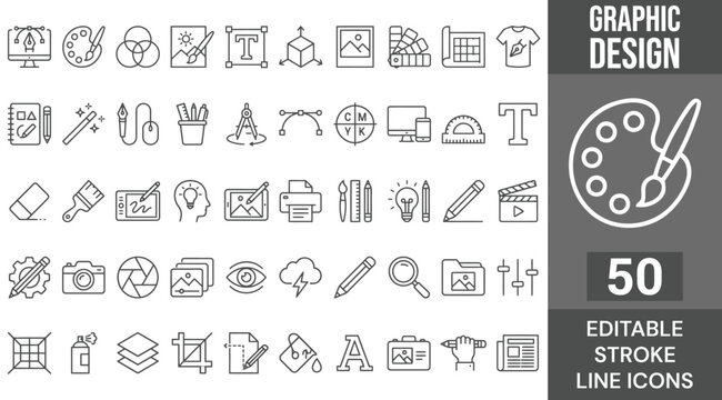 Graphic design icon set. Containing digital art, creativity, drawing, portfolio, idea, web design, designer, stationary, software, tools, drawing and more. Editable line icons. Vector illustration.
