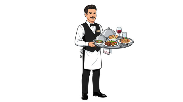 Waiter carrying a tray with food and drinks in a restaurant