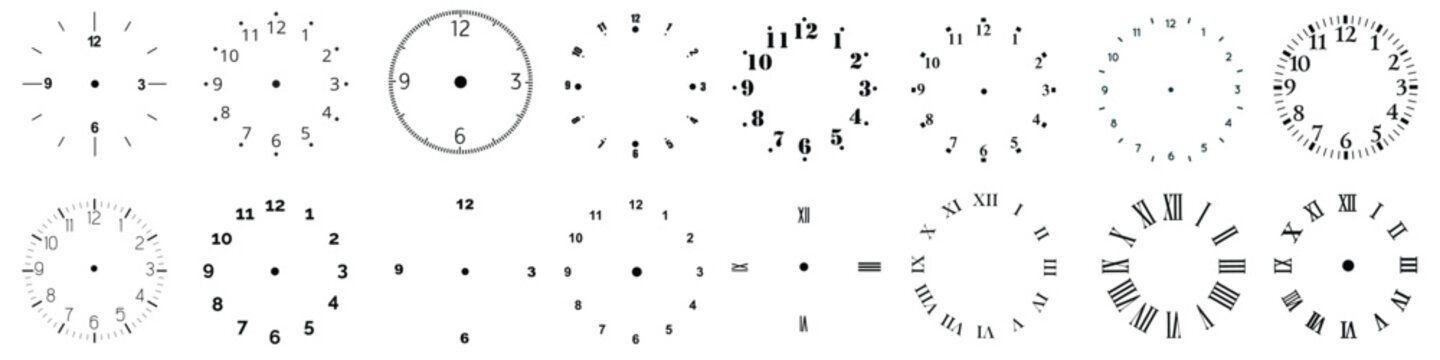Diverse clock face collection analog time indicators minimalist designs hour markers and roman numerals for graphic projects