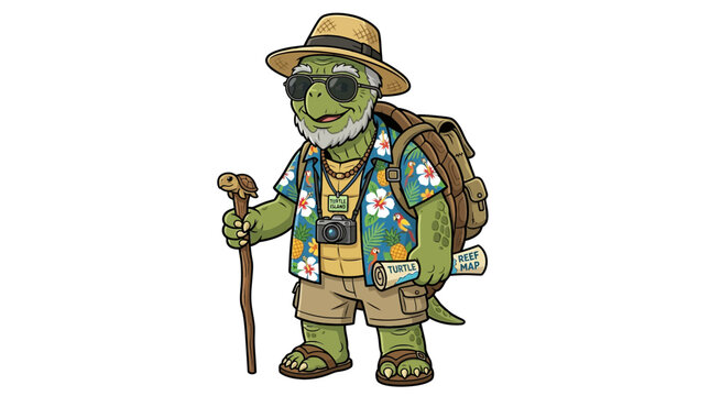 A green turtle wearing sunglasses and a hat hikes with a walking stick.