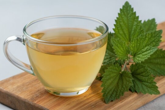 Glass cup of hot nettle tea sits on wooden board. Fresh green stinging nettle leaves nearby. Herbal drink for wellness and skin health. Natural alternative medicine remedy.