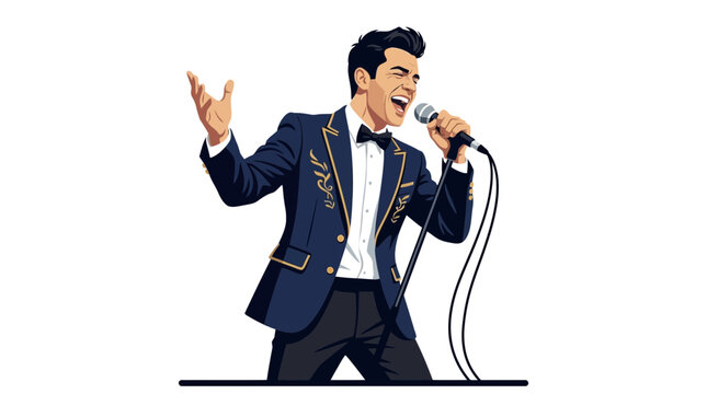 A man in a blue suit sings into a microphone on stage.