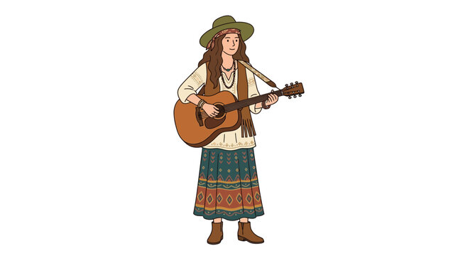 A woman plays an acoustic guitar outdoors in a traditional outfit.