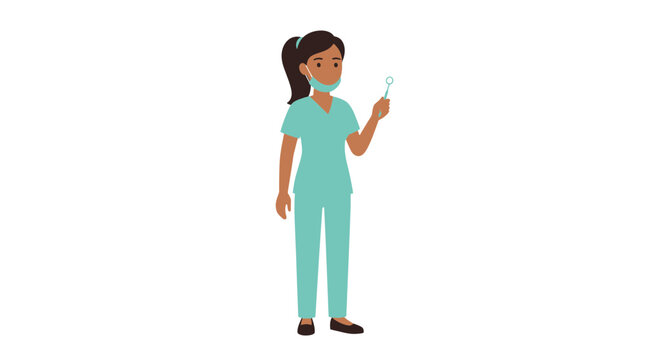 A woman in teal scrubs holds an object while standing