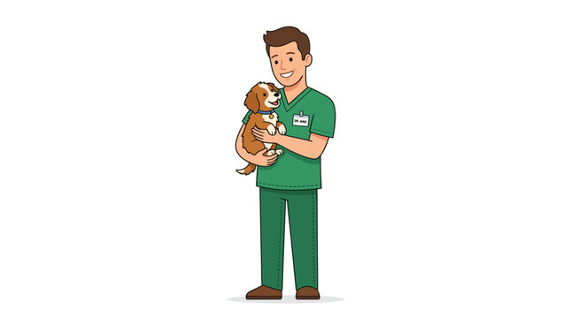 A man in green clothes is holding a brown dog lovingly indoors.