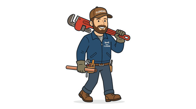 A worker carries a large wrench and another tool walking forward.