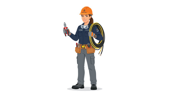 A worker in an orange hard hat holds a tool and coil of cable.