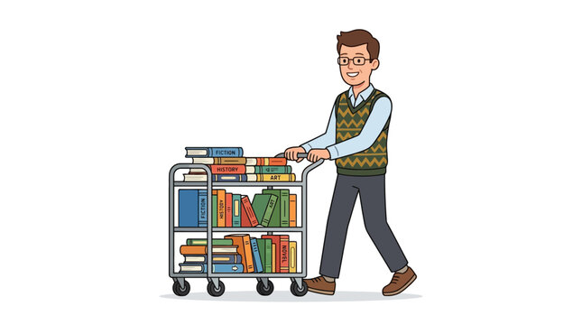 A man pushing a book cart filled with books across the library floor.