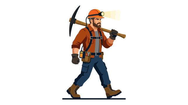A miner walks forward carrying a pickaxe in an industrial setting.