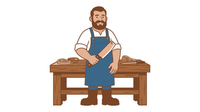 A bearded man in a blue apron stands behind a wooden workbench.