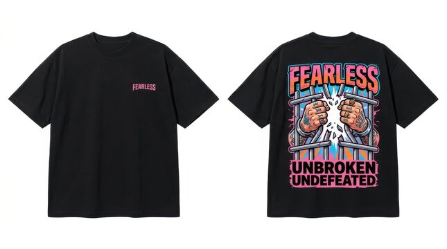 Fearless unbroken undefeated graphic t-shirt with strong hands breaking chains design isolated on white background
