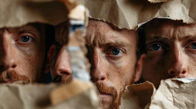 Close-up of a Man's Face Peeking Through Torn Paper