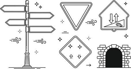 Road traffic signs and navigation line art vector icon set with signpost tunnel slope warning and directions © Mstshneha