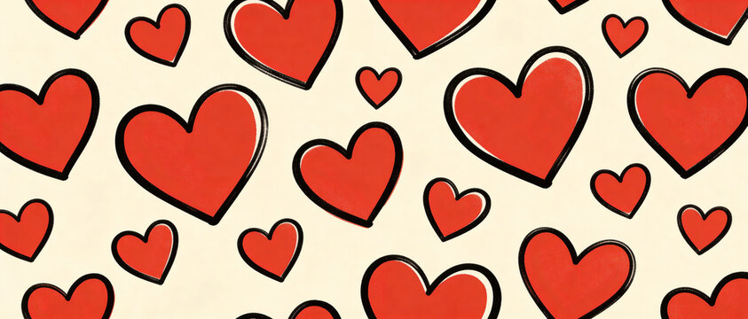 A charming pattern of red hearts with black outlines on a cream background