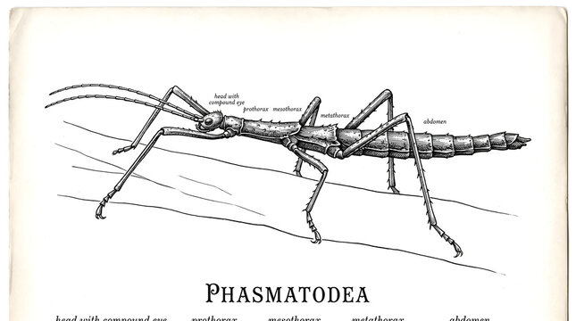 A detailed illustration of a Phasmatodea insect with long legs and antennae on a leaf