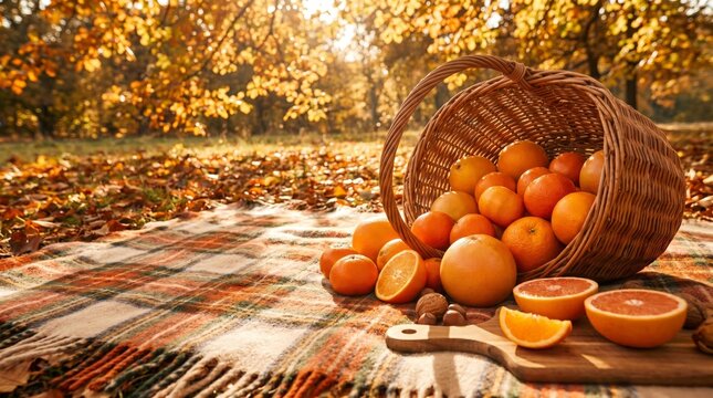Autumn picnic basket with fresh citrus fruits oranges and grapefruits on plaid blanket in park