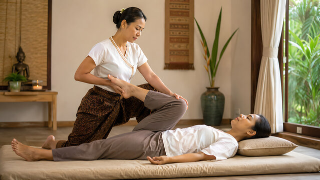 Thai Massage Therapist Stretching Client Leg on Massage Mat