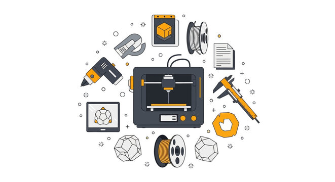 3D Printing and Additive Manufacturing Technology Concept with Flat Vector Icons of Printer, Filament, and Prototyping Tools