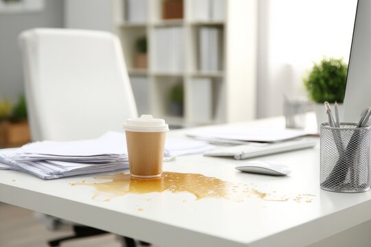 Spilled coffee from a paper cup leaking on a white office desk next to computer mouse, Accident at work with coffee spilled on office table near documents, business mistake concept.