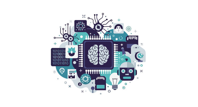 Artificial Intelligence and Machine Learning Concept Illustration with Brain Processor Chip, Robot Head, Binary Code, and Digital Technology Icons on White