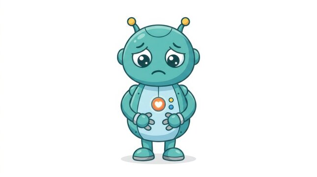Sad cute green robot character standing with arms crossed isolated on white background