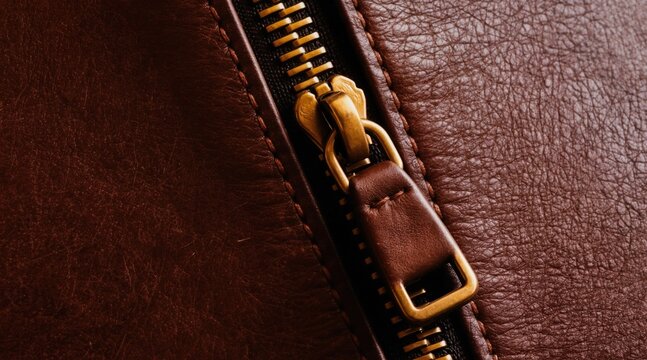 Close-up shot of brown leather with a brass zipper. The texture of the leather is visible with fine lines and stitching. High detail on zipper teeth and pull tab.