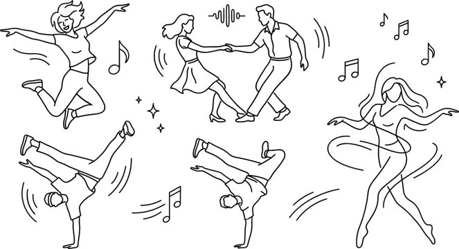 Dance and music movement line art vector icon set with breakdance couple hiphop jazz ballet and energetic dancers