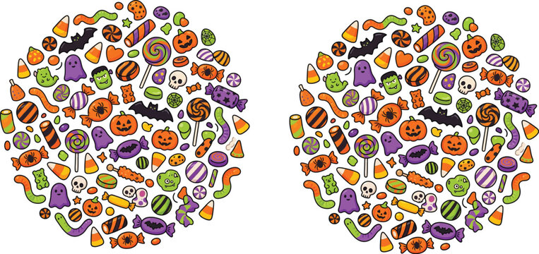 Halloween candy and sweets collection in a circle shape featuring pumpkin skull bat ghost icons candy corn halloween lollipop chocolate celebration collection illustration colorful elements