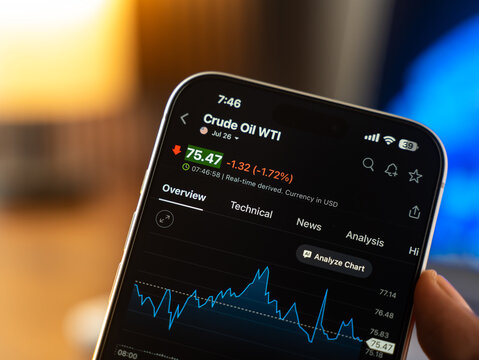 Crude Oil WTI price chart is displayed on a smartphone screen in Bangalore, India, on June 15, 2026
