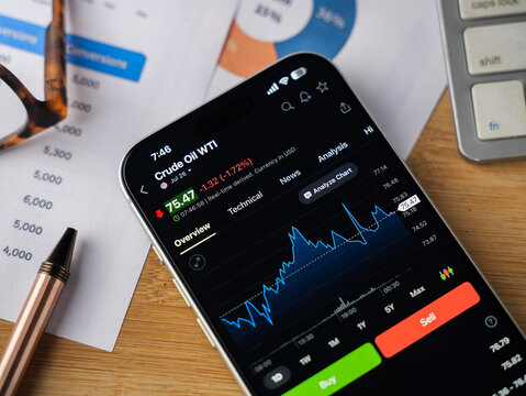 Crude Oil WTI price chart is displayed on a smartphone screen in Bangalore, India, on June 15, 2026
