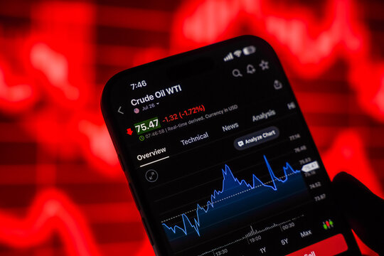 Crude Oil WTI price chart is displayed on a smartphone screen in Bangalore, India, on June 15, 2026
