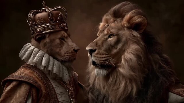 Europe medieval lifestyle. A regal portrayal of two lions, one male and one female, set against a dark, smoky background. The male lion wears a richly detailed crown, a white ruffled collar.