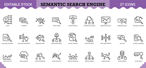 PrintSemantic Search Engine Icon Set - 27 Editable Vector Icons for AI-Powered Information Retrieval & NLP. Features vector search, knowledge graphs, natural language processing, embedding analytics,  © BHUIYAN VECTOR