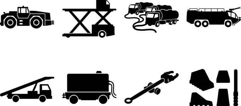 Airport Ground Support Equipment and Runway Service Vehicles Black Silhouette Icon Set