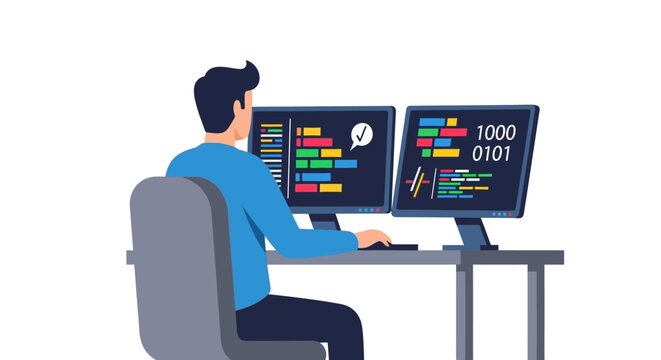 Software Developer Coding on Multiple Monitors, Flat Vector Illustration for Web and App Development