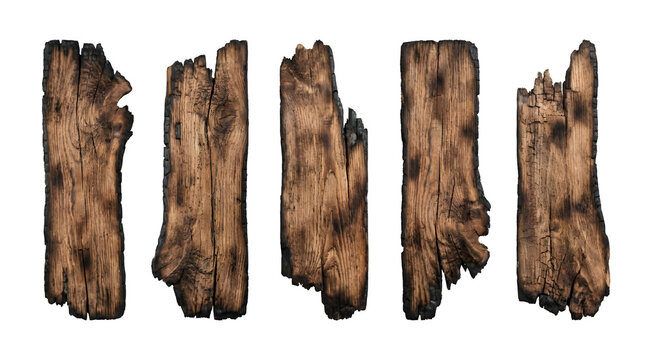 Set of five charred wooden planks isolated on transparent background